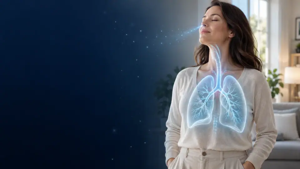 Conceptual illustration of a woman taking a breath, with softly illuminated lungs