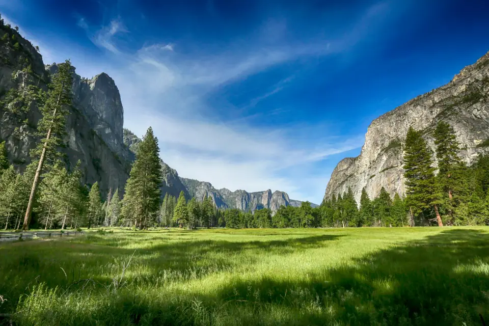 Sunlit California valley with trees and granite mountains