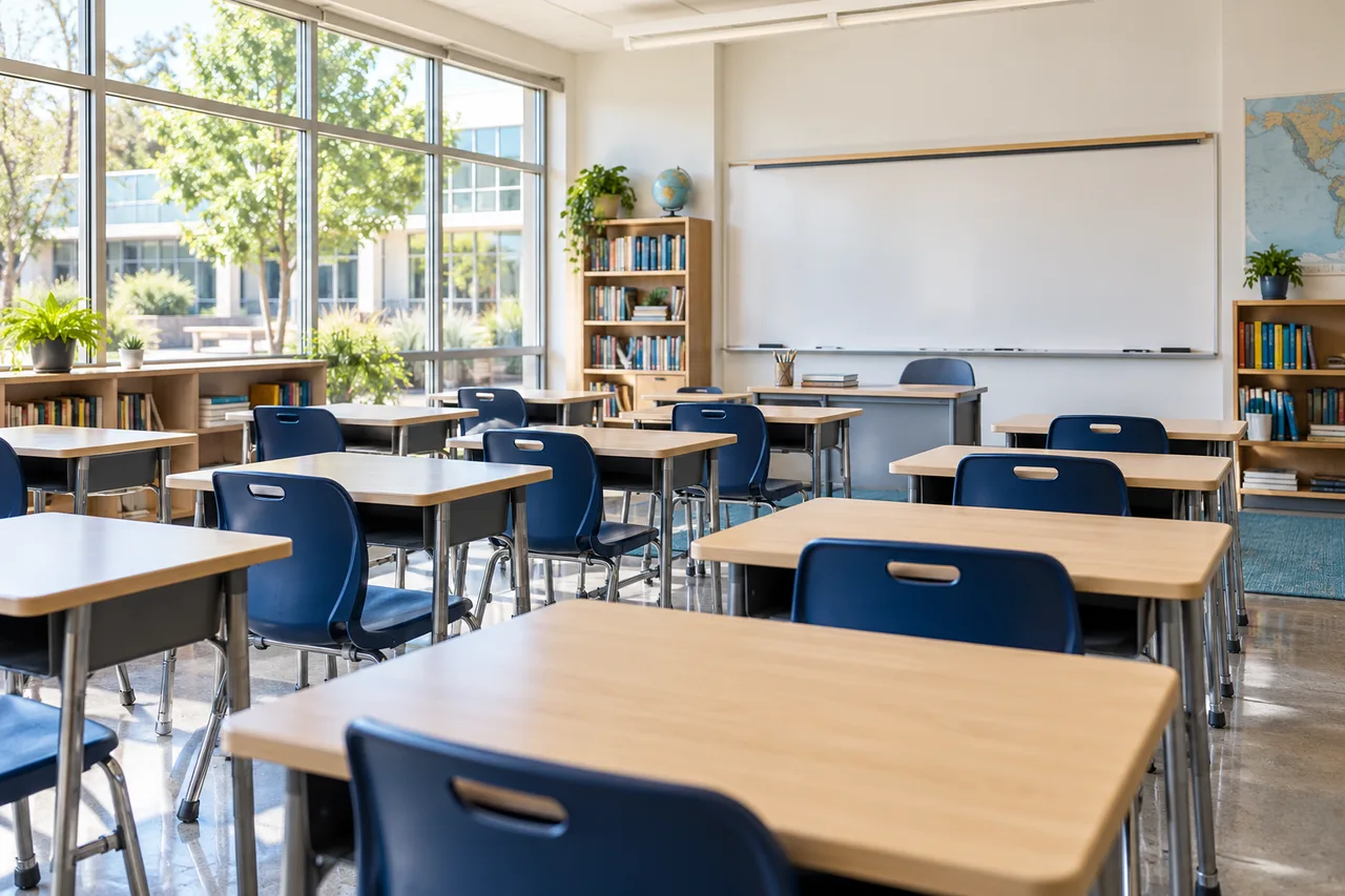 Illustrated modern classroom with blue chairs and natural daylight