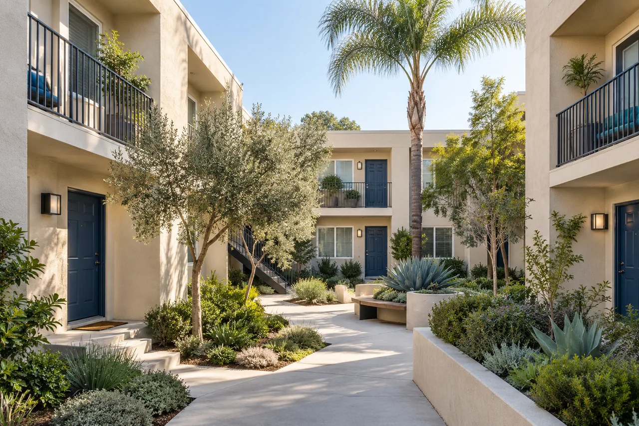 Illustrated Los Angeles apartment courtyard with separate homes and balconies