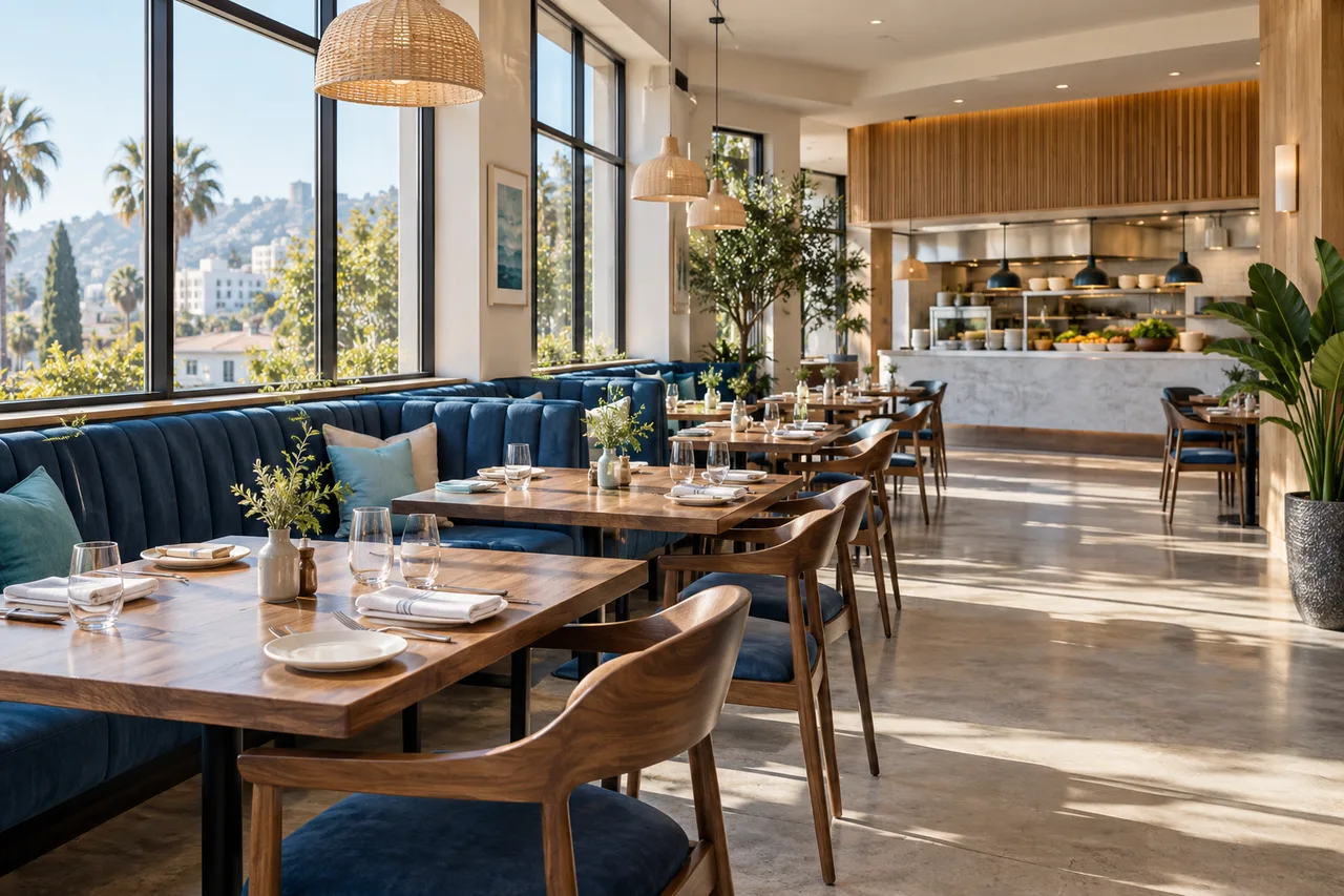 Illustrated Los Angeles restaurant dining room with blue banquettes