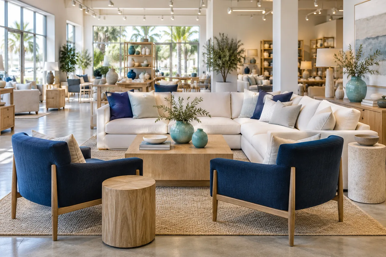 Illustrated furniture showroom with sofas, blue armchairs and homeware displays