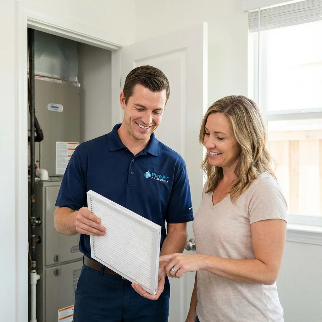 A service professional discussing paperwork with a homeowner