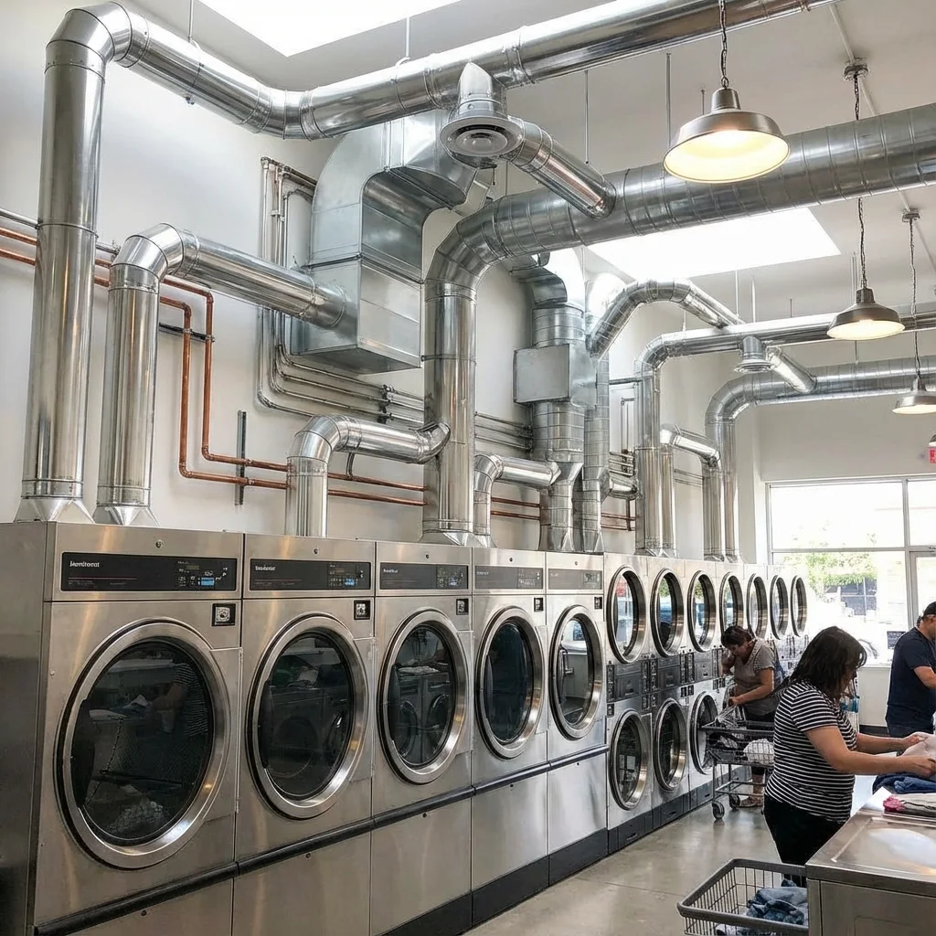 Laundry machines and overhead exhaust ductwork